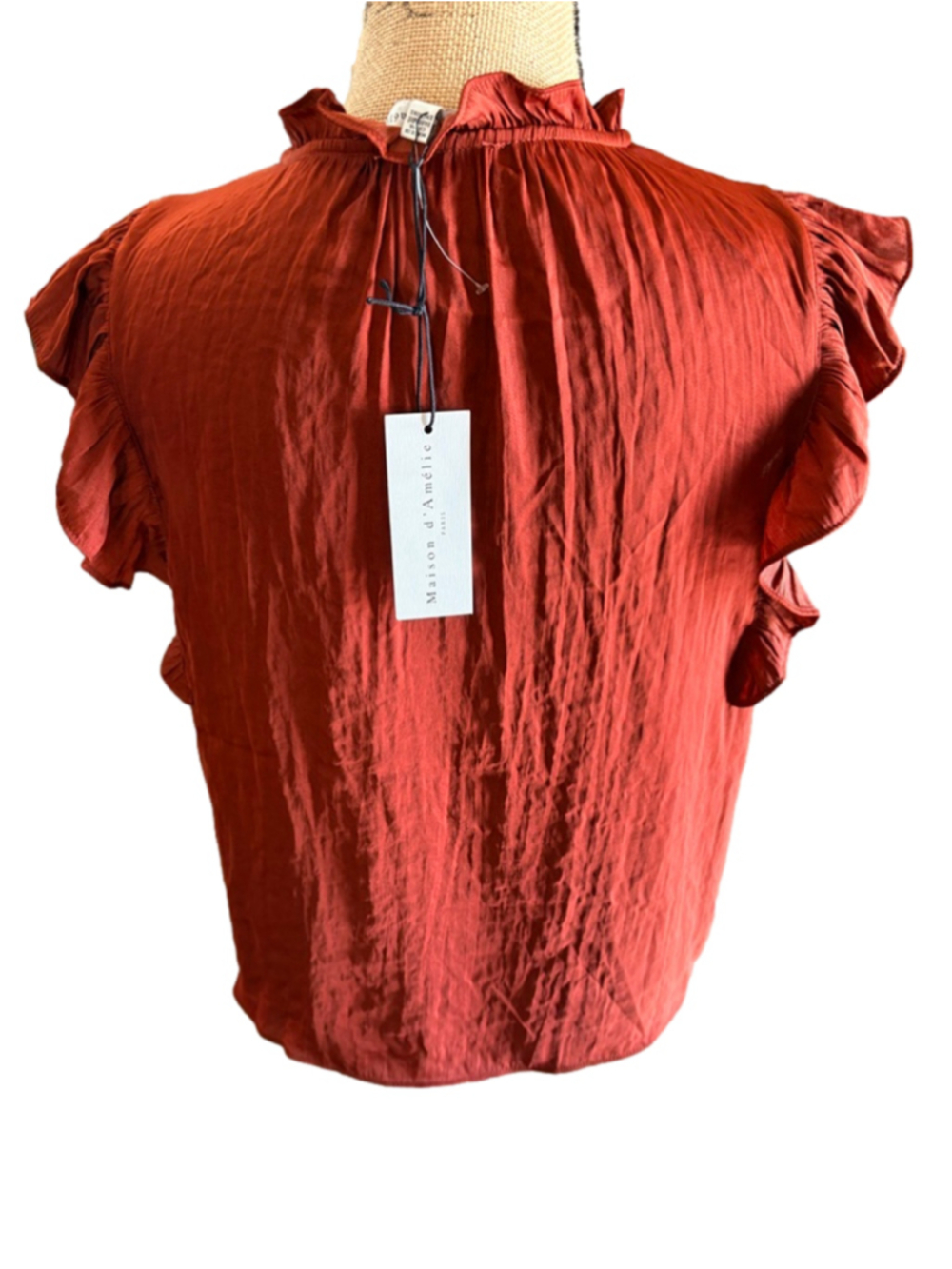 Maison d'Amelie Paris Rust Ruffle Blouse Size XS (18” PTP) NWT - Picture 4 of 8